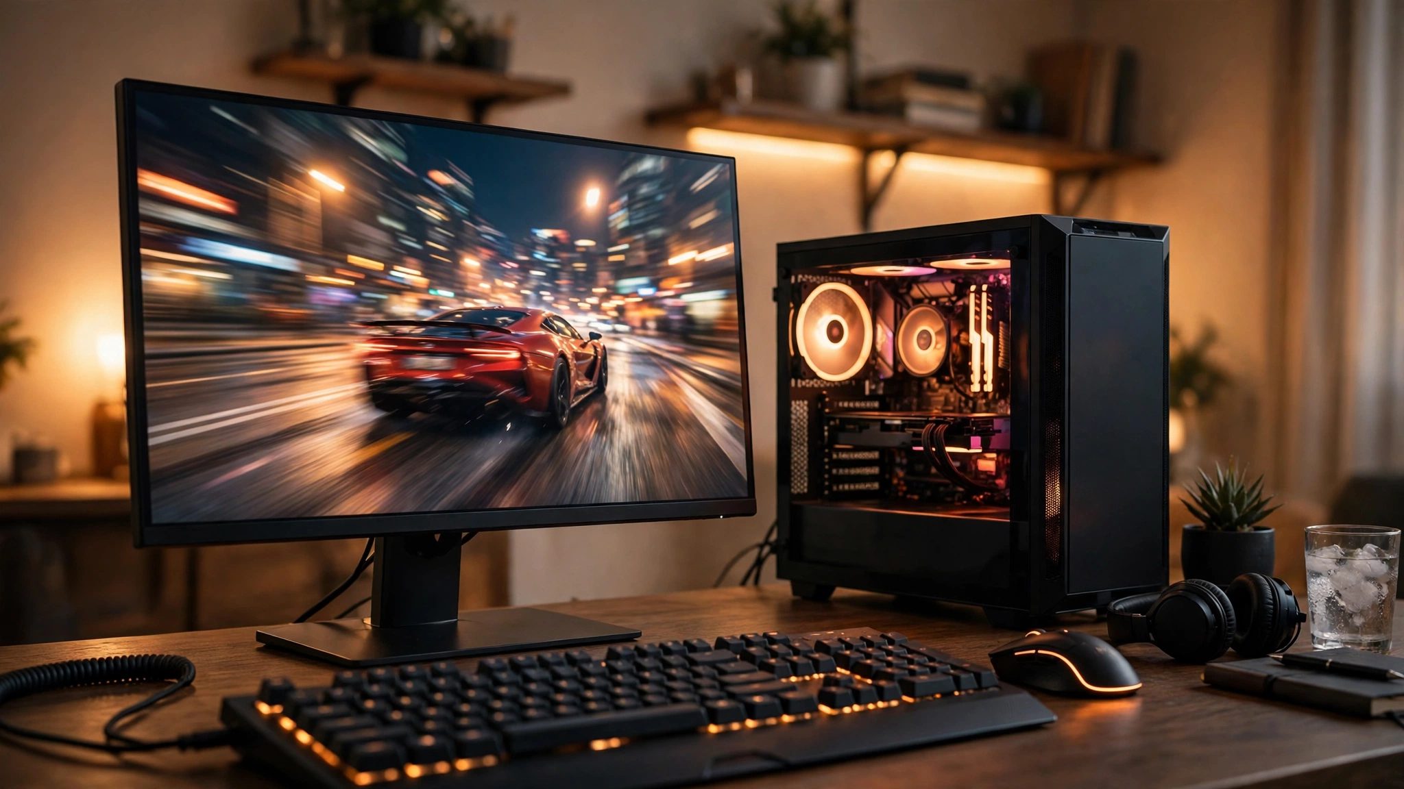 Gaming monitor on a desk showing a fast racing game, with a gaming PC and keyboard