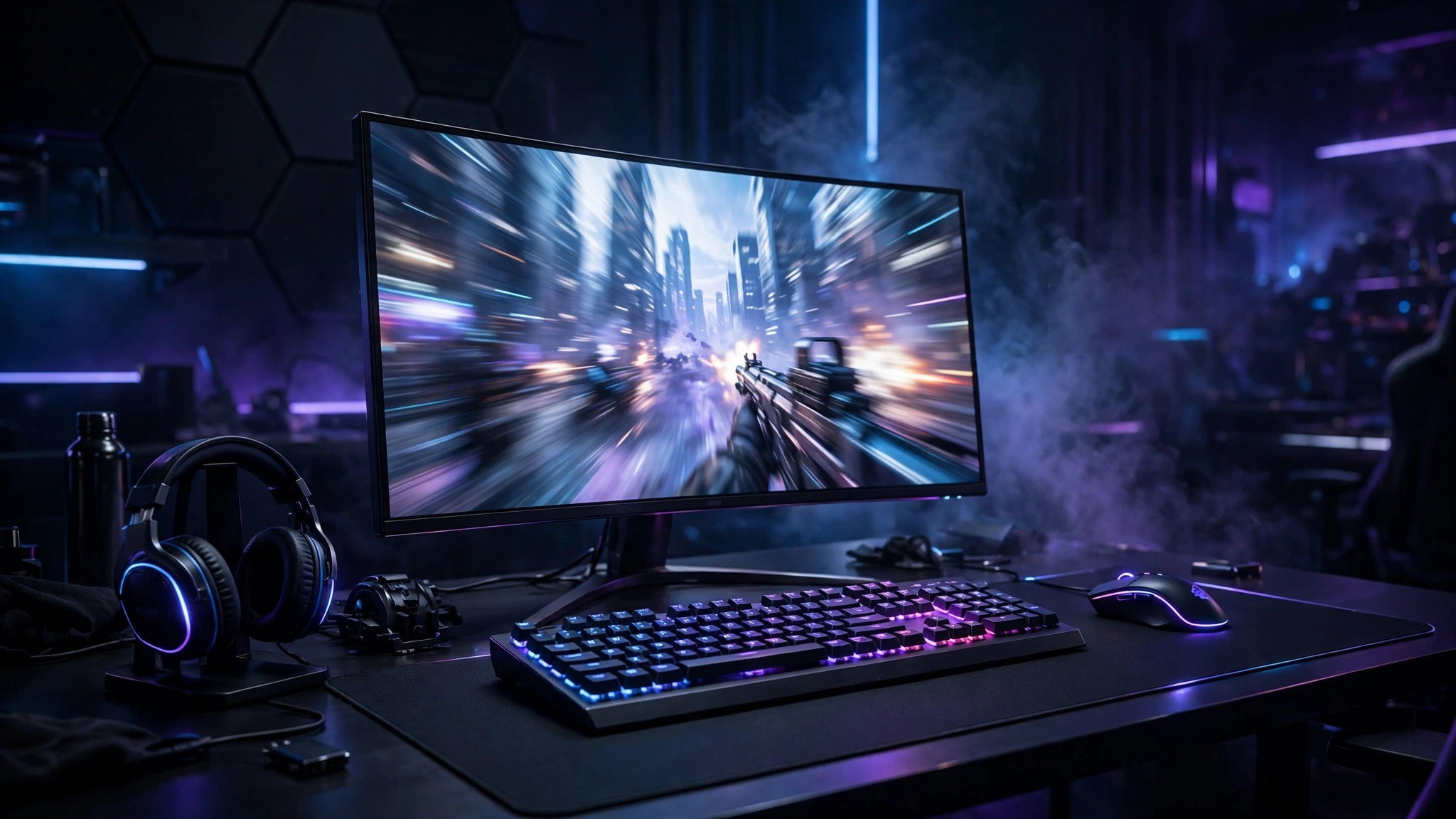Esports gaming battlestation with a high-refresh gaming monitor showing a fast first-person shooter