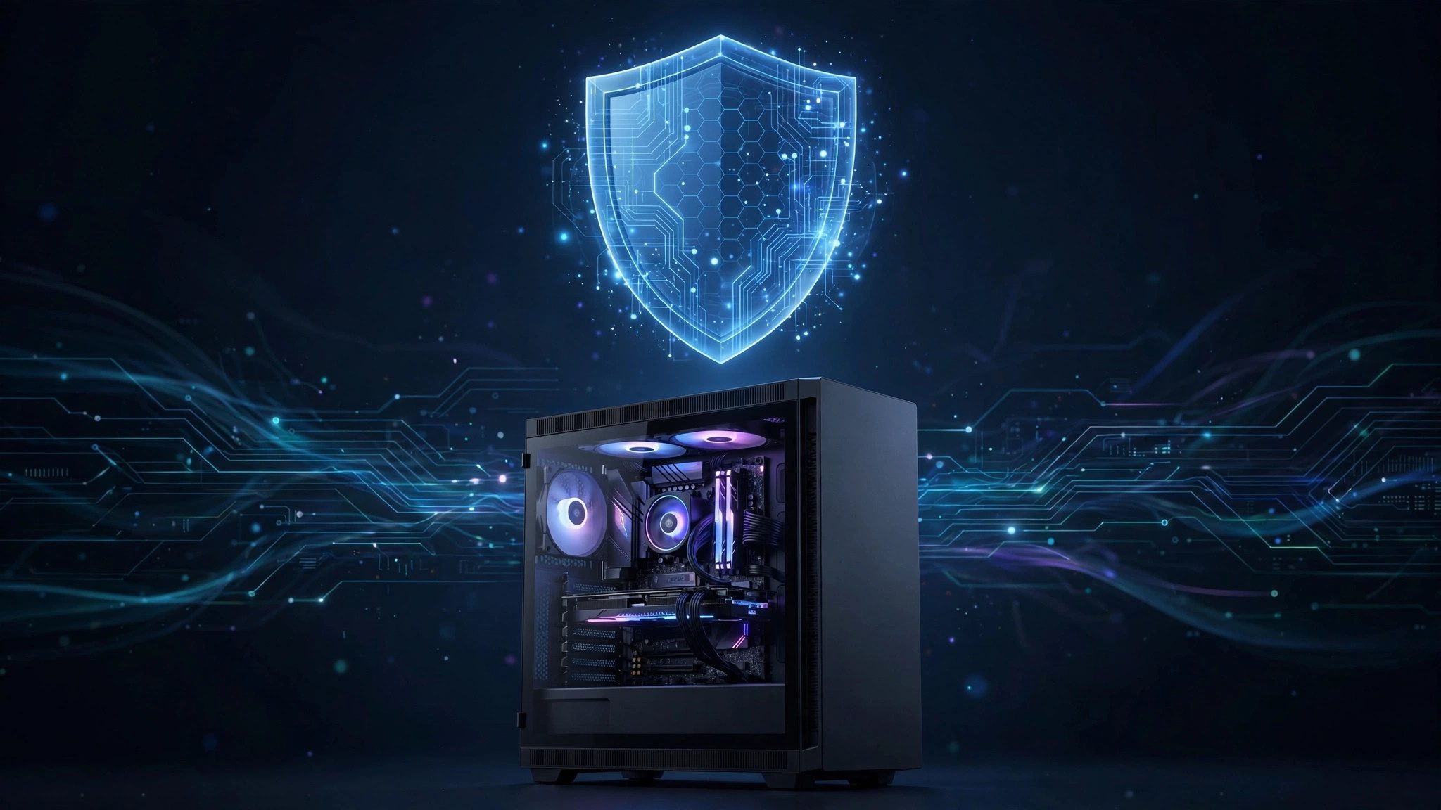 Windows 11 gaming PC protected by an antivirus shield