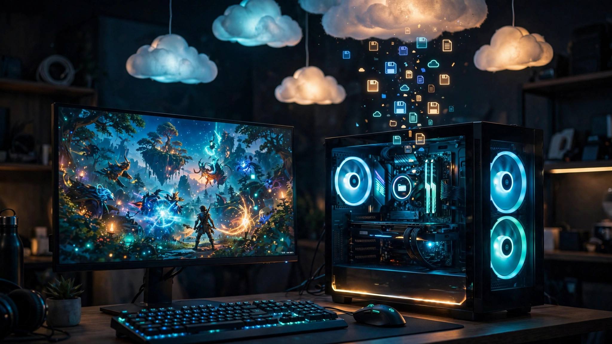 Gaming PC setup with cloud storage keeping game saves and clips safe