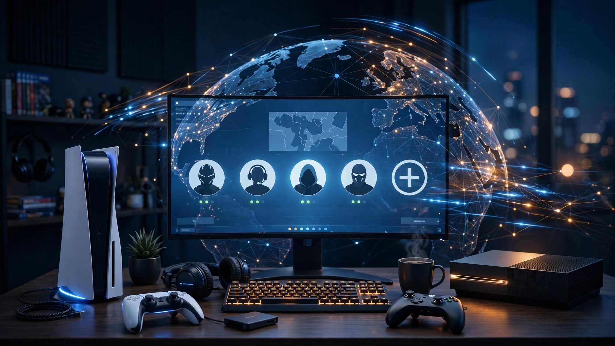 Gaming desk with PS5 and Xbox consoles under a glowing network globe representing DNS server selection for gaming