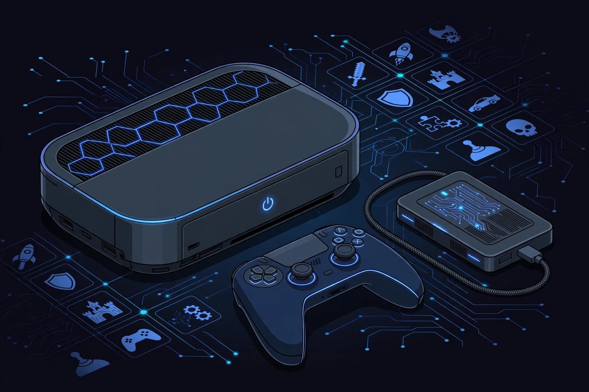 Gaming console with controller and external hard drive