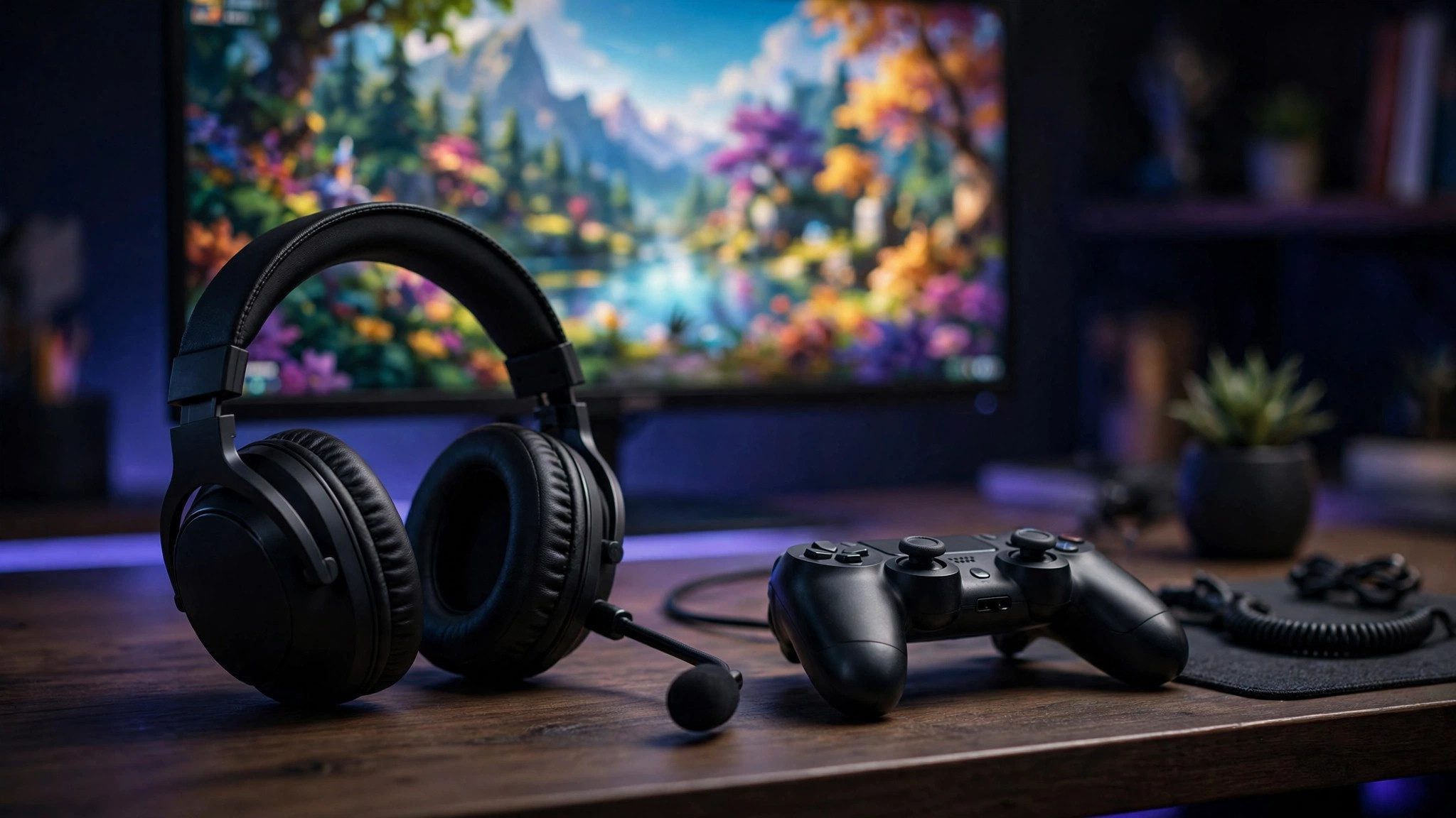 Wireless gaming headset with boom microphone resting on a gaming desk beside a controller