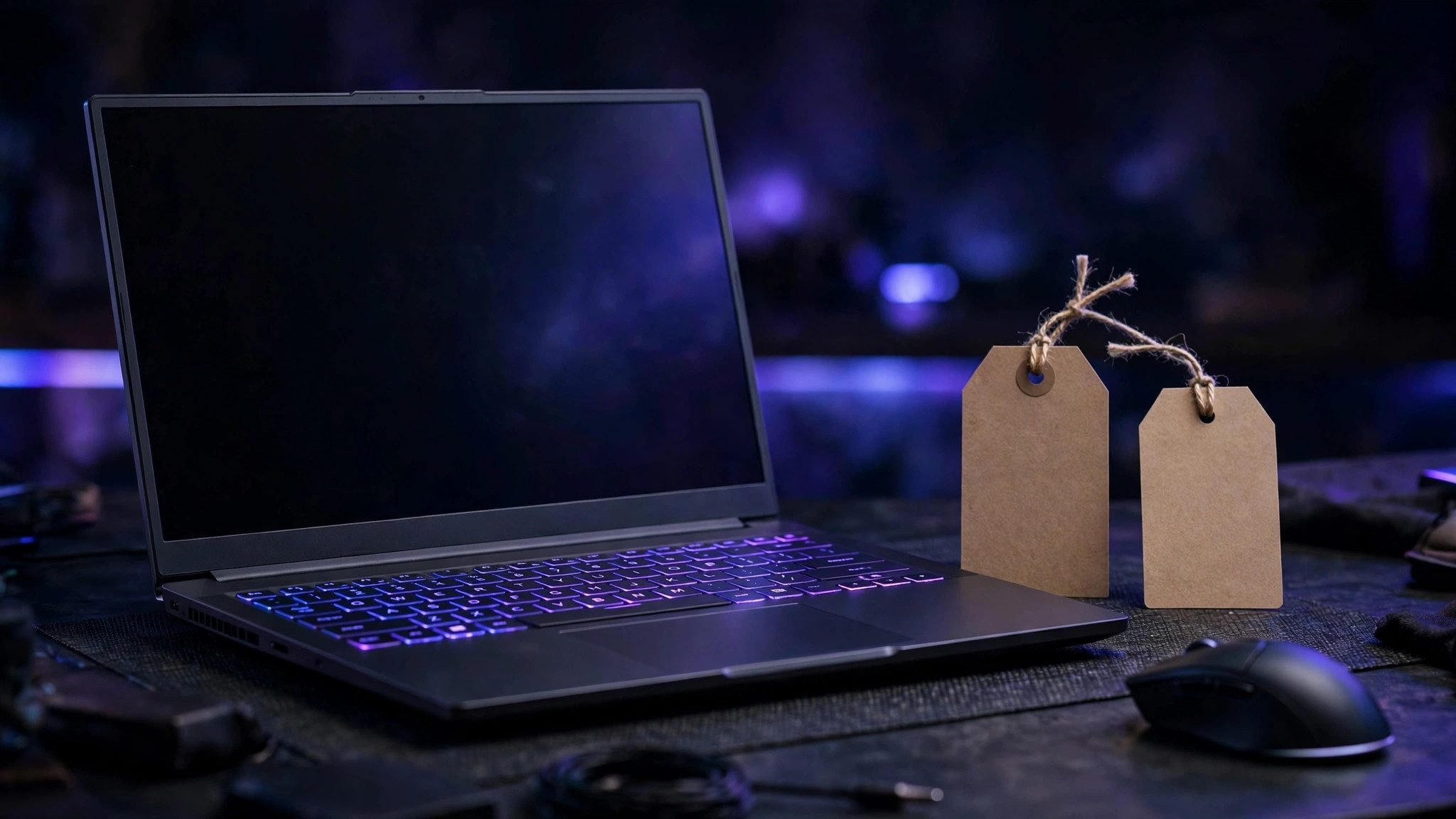 Gaming laptop with glowing keyboard beside a sale tag on a desk