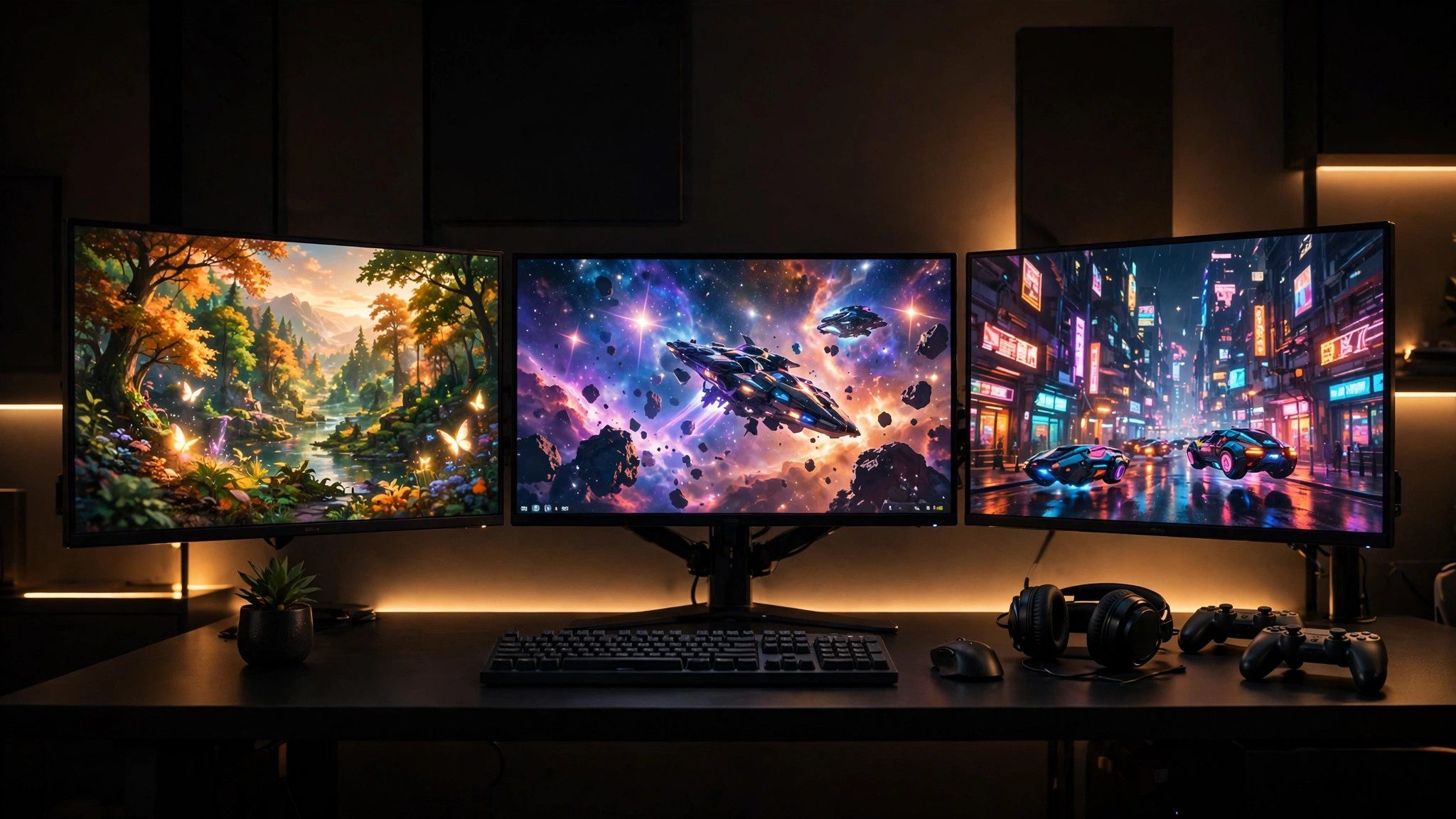 Gaming desk setup with multiple gaming monitors showing colourful game scenes