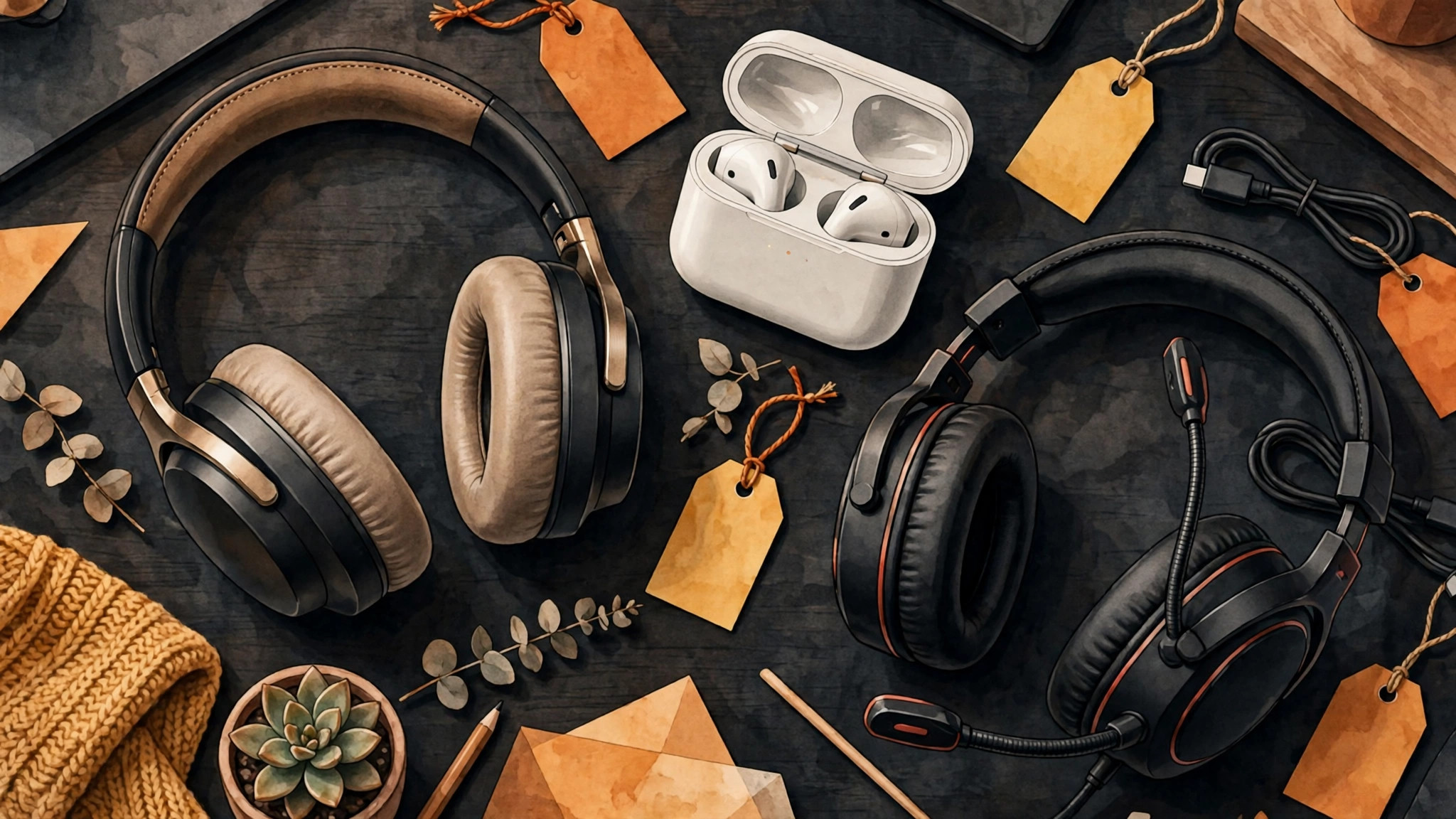 Wireless over-ear headphones, earbuds in a charging case and a gaming headset on a desk