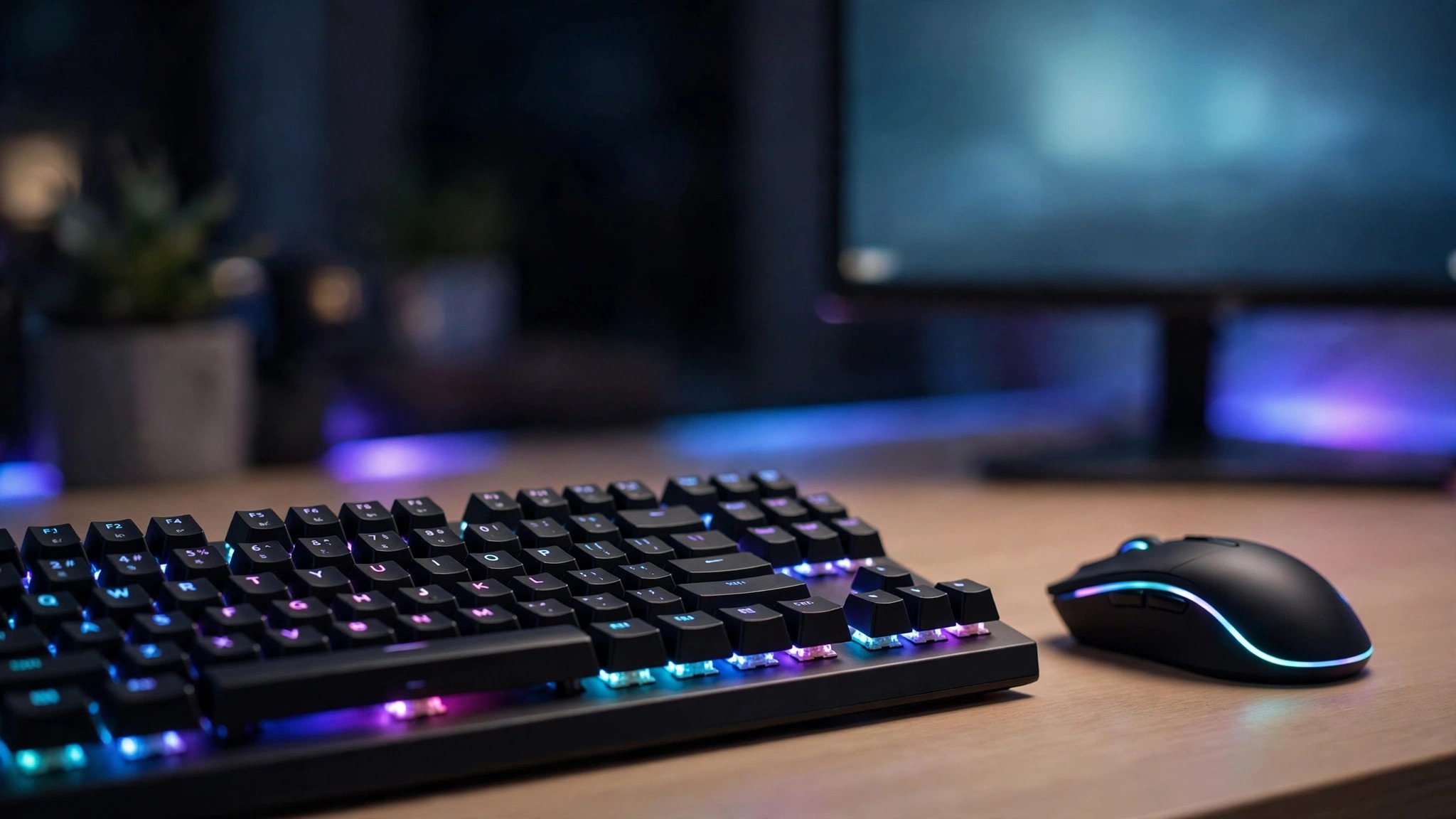 Backlit mechanical gaming keyboard and wireless gaming mouse on a gaming desk