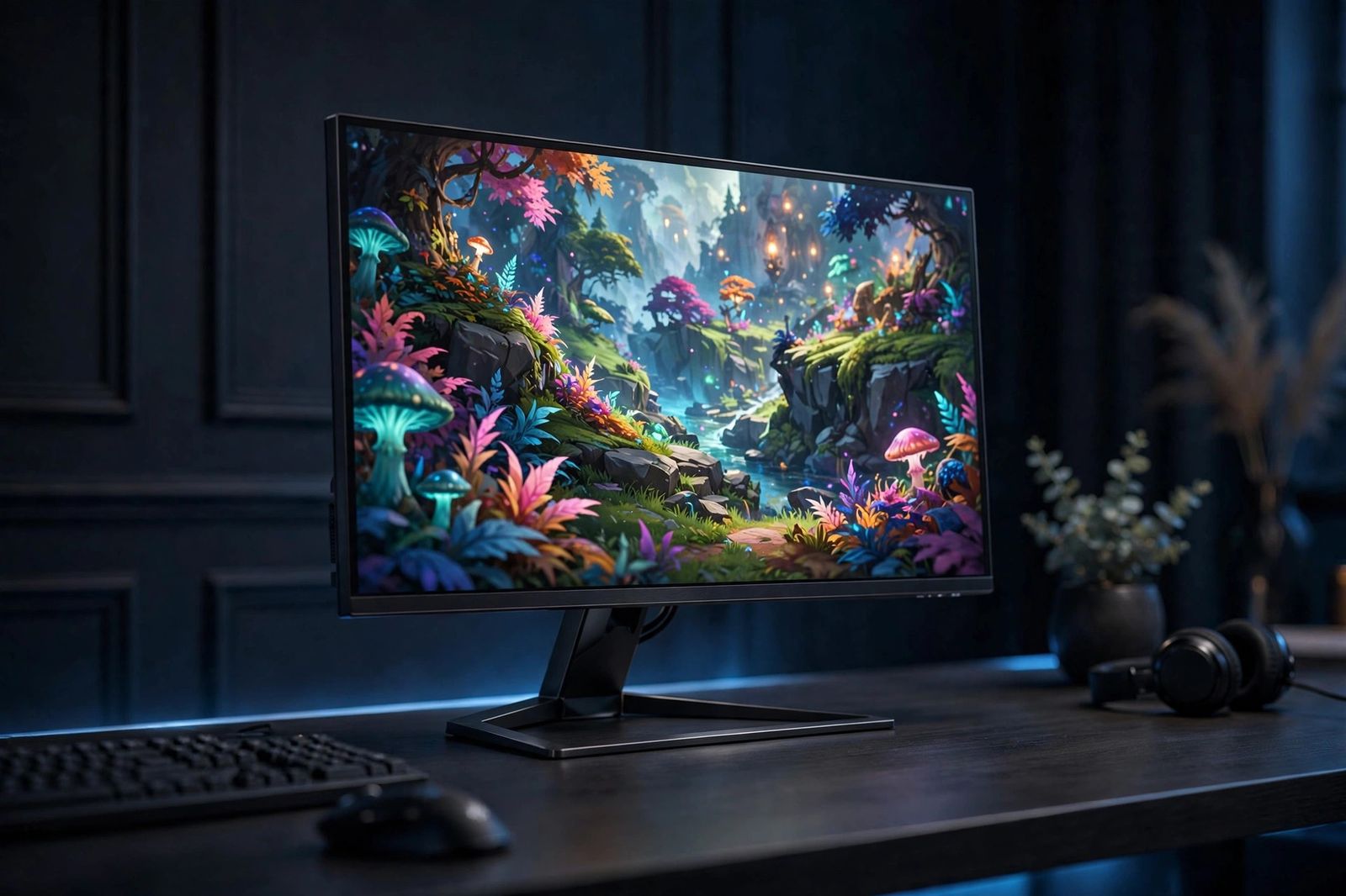 Premium OLED gaming monitor glowing in a dark room