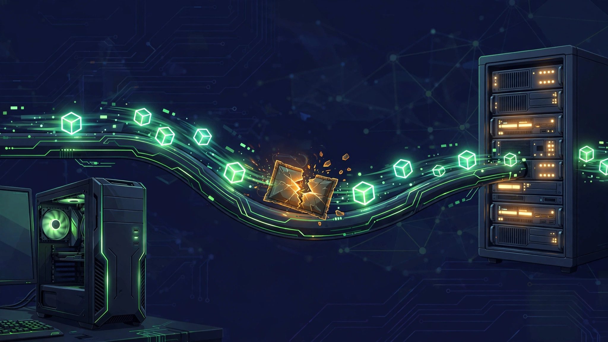 Network packet loss diagram showing lost data packets on a gaming connection