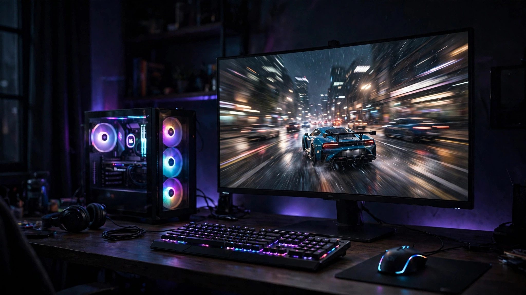Gaming PC setup with a monitor showing a fast-paced game, keyboard and mouse on the desk
