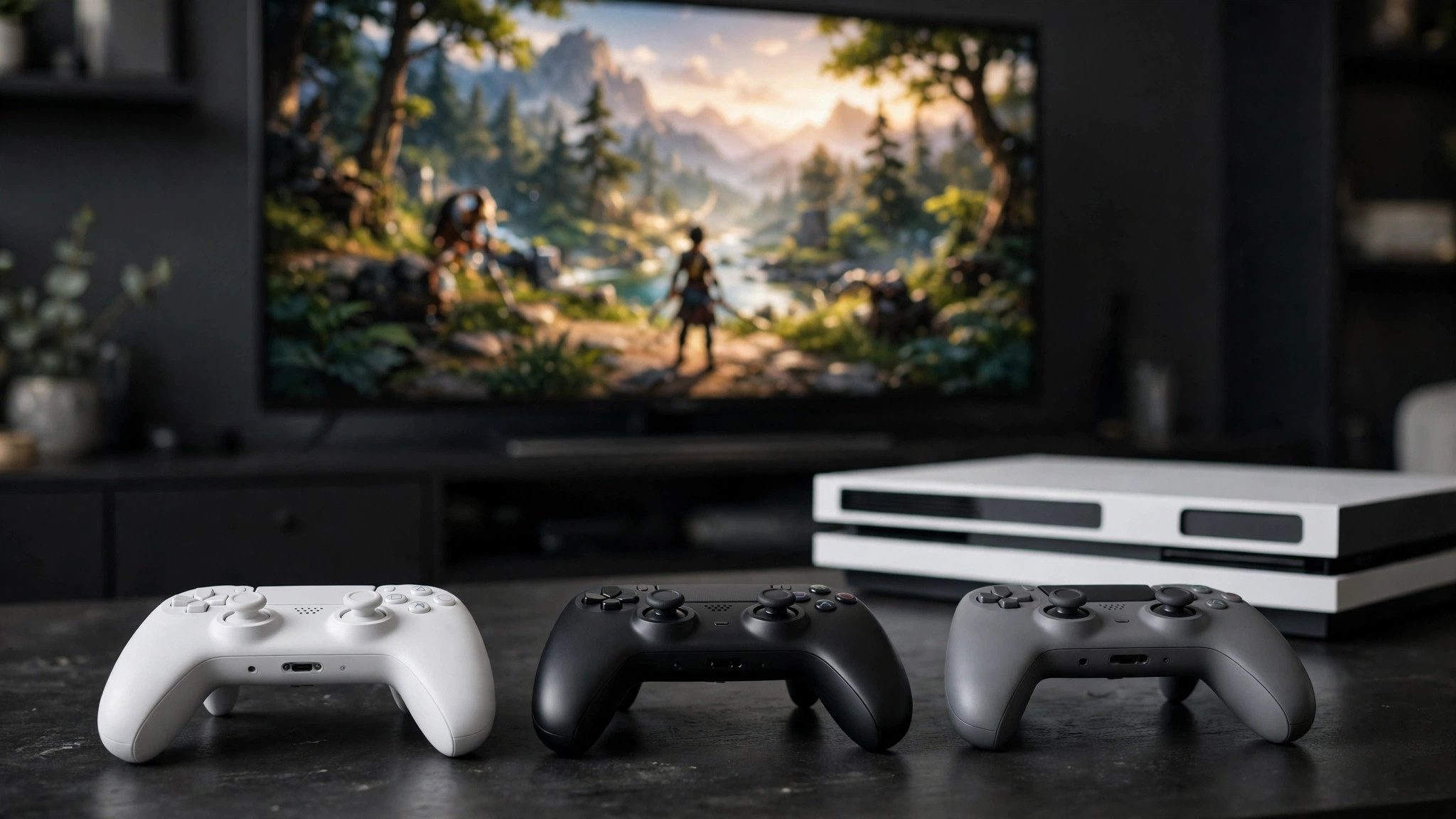 Three wireless game controllers in white, black and grey in front of a console and a TV showing a game