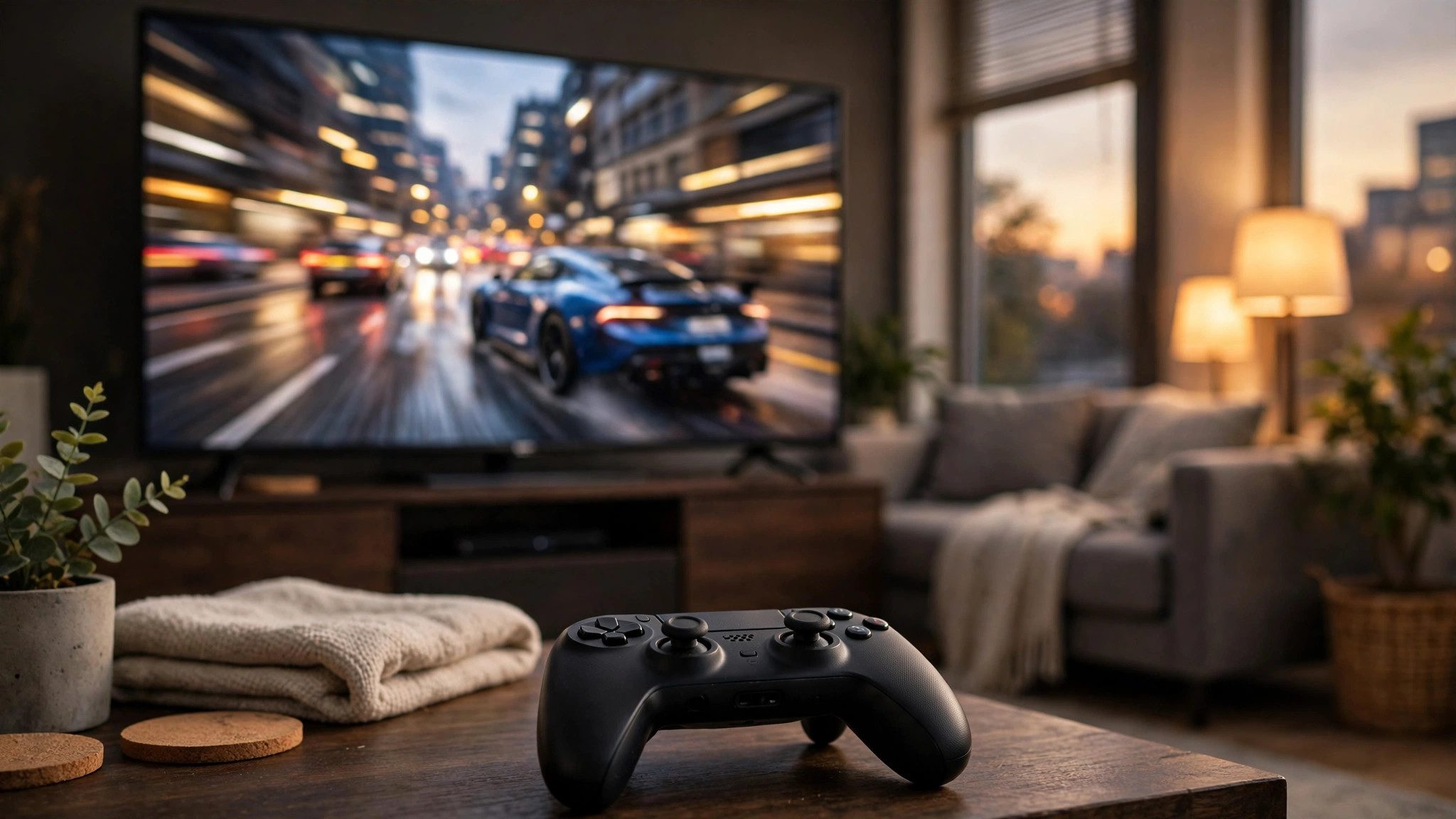 Game controller in front of a TV showing a fast racing game in a living room