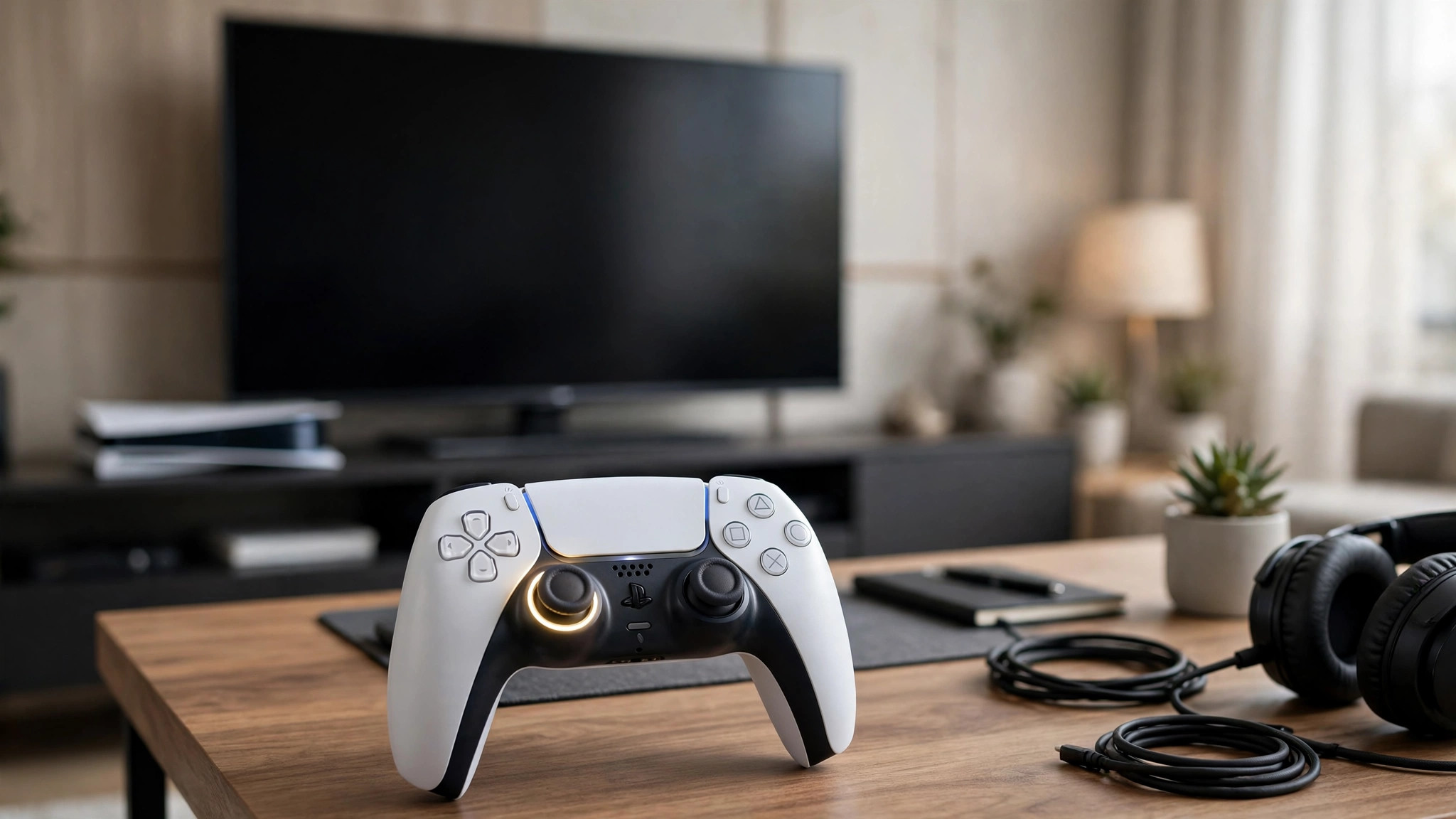 White PS5 DualSense controller on a desk in front of a TV, with the left analog stick highlighted