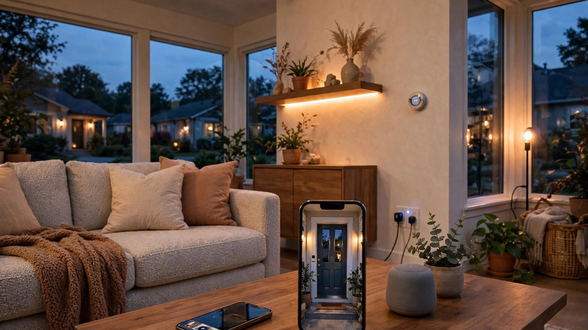 Smart home living room at dusk with a video doorbell, thermostat, security camera and warm LED strip lighting