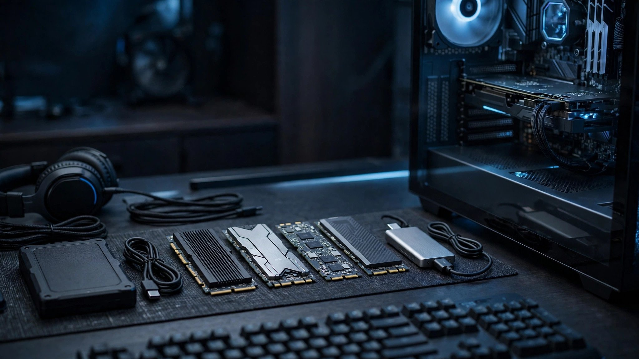 NVMe SSDs, a portable external SSD and an external hard drive on a gaming desk