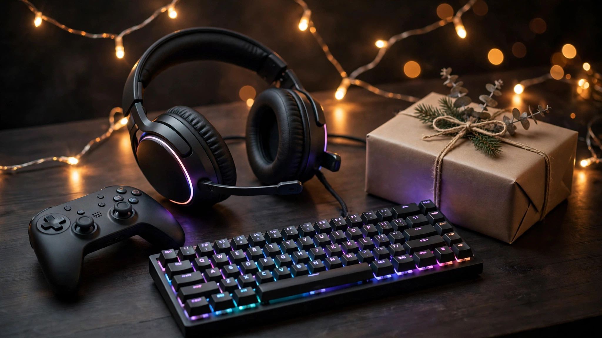 Gaming gifts on a desk: a wireless gaming headset, a game controller, a mechanical keyboard and a wrapped gift box with warm string lights