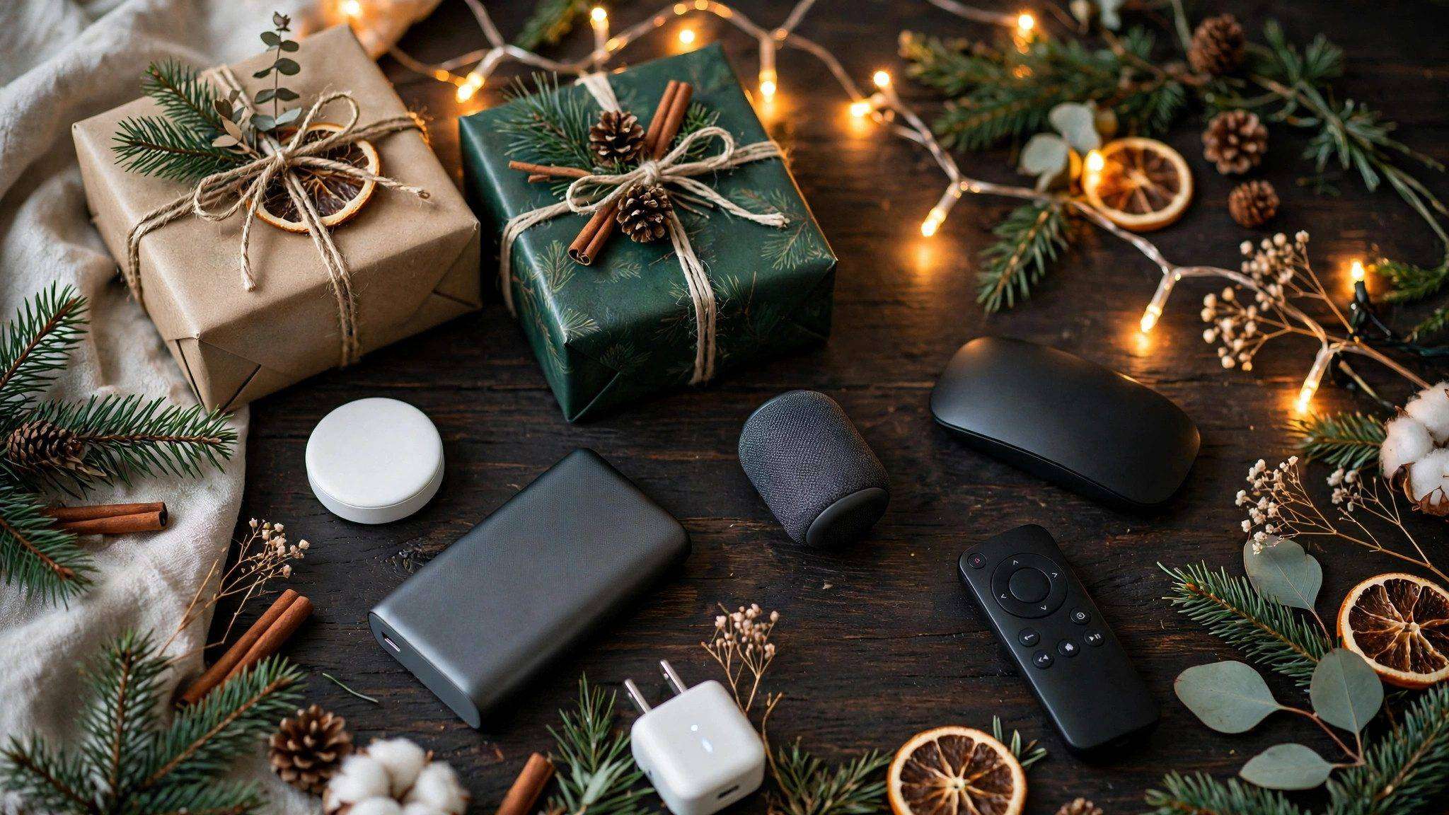 Festive flat lay of affordable tech gifts: an item tracker, power bank, portable speaker, wireless mouse, streaming remote and smart plug with gift boxes and string lights