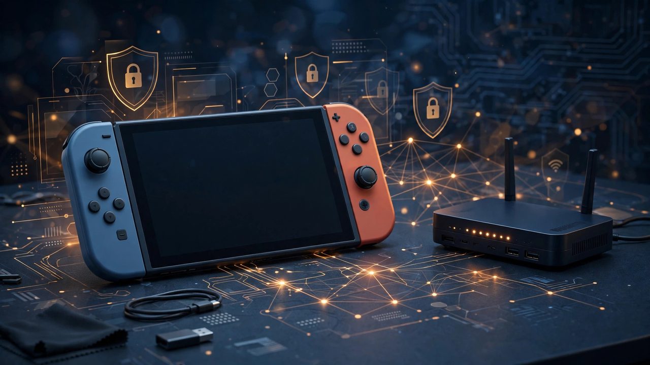 Nintendo Switch handheld console beside a Wi-Fi router with VPN shield graphics