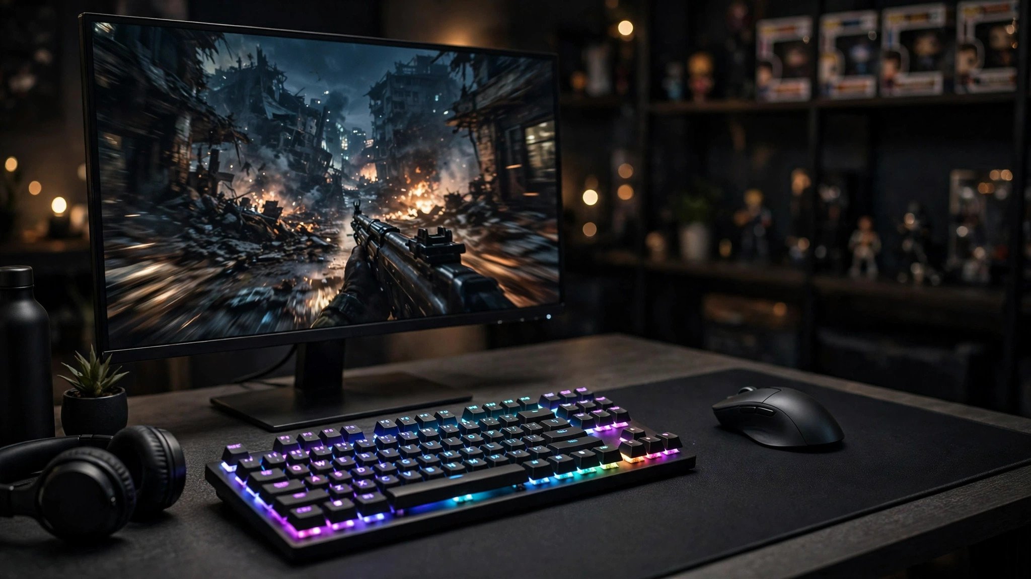 Wireless gaming mouse on a mousepad beside a monitor showing a fast first-person shooter
