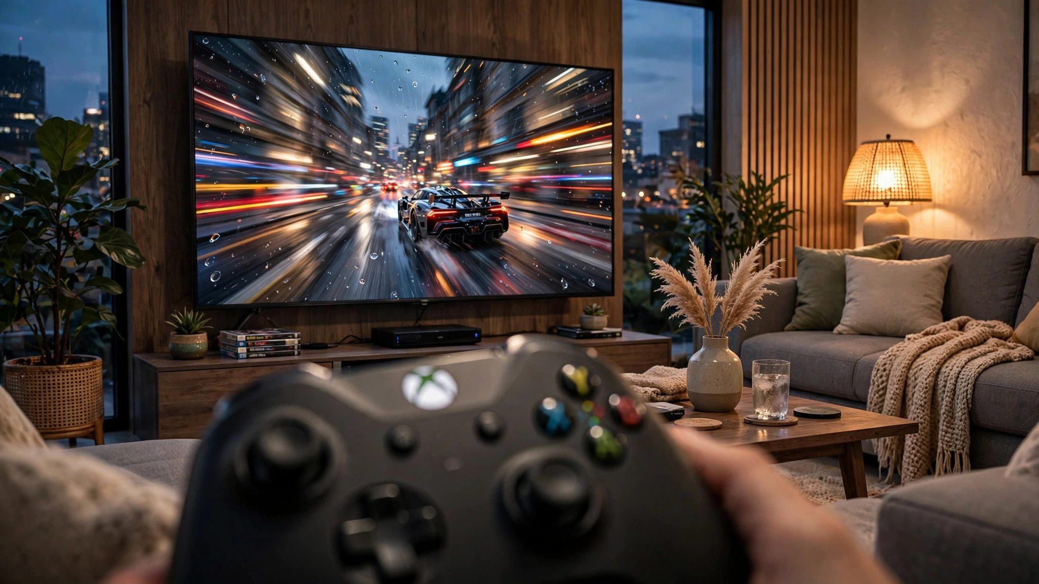 Xbox wireless controller in front of a TV showing a fast racing game