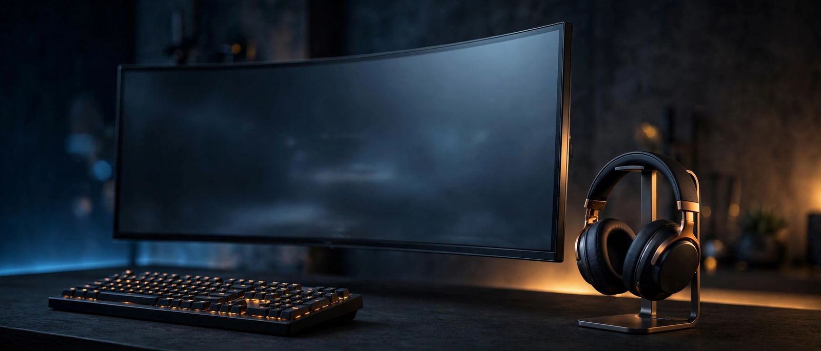 Elegant gaming desk setup with curved monitor