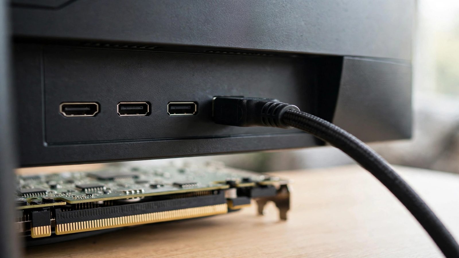 Illustration of the back of a gaming monitor with a video cable plugged into its ports