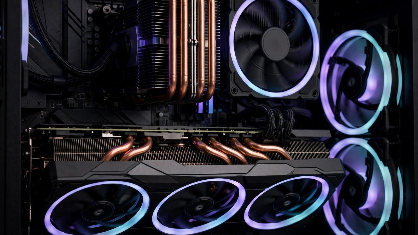 Inside of a gaming PC showing the graphics card, cooling fans and heatsink