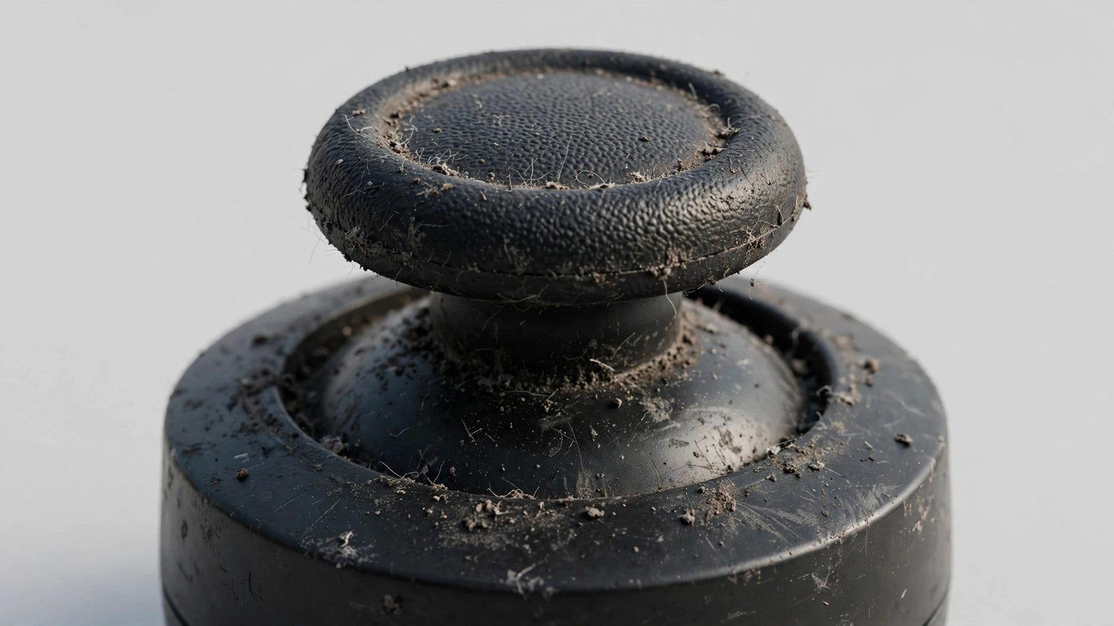 Close-up illustration of a game controller analog stick and its base, where dust and wear build up